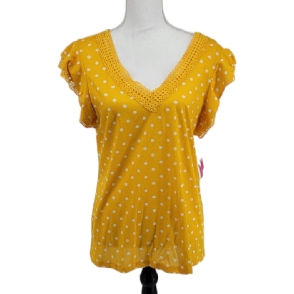 Bobbie Brooks Top Yellow White Polka Dots Lace Accents‎ Open Back Sz M NWT